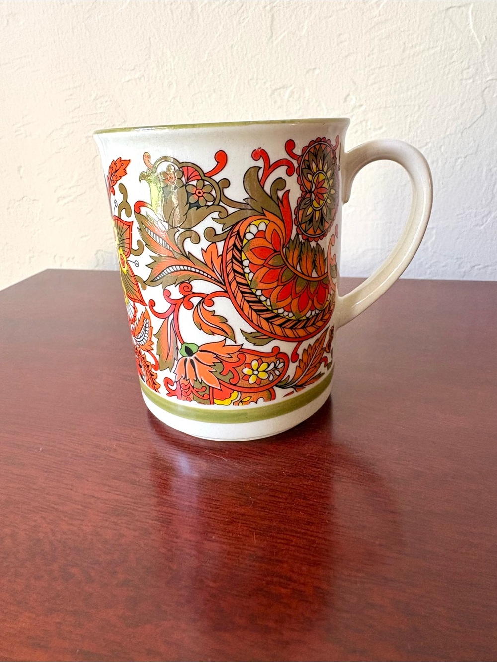 Vintage fine bone china mug orange and green paisley pattern
